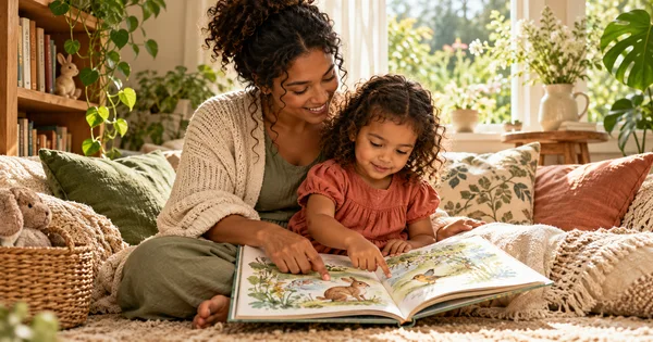 A caregiver and preschool child point to pictures in an open storybook in a quiet reading nook.