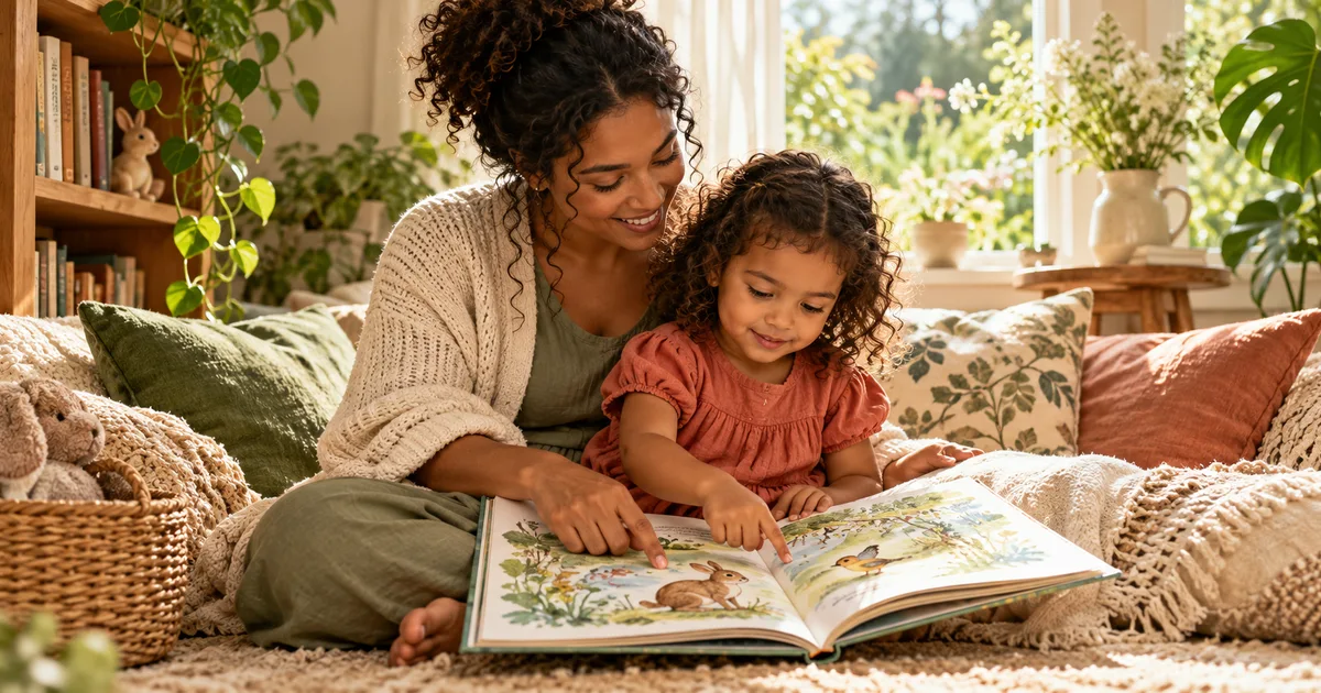 A caregiver and preschool child point to pictures in an open storybook in a quiet reading nook.