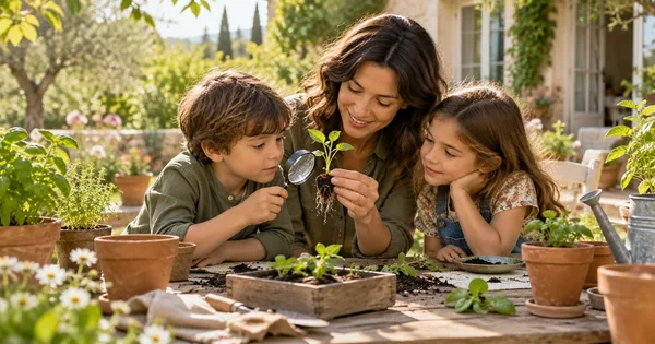 Children and a parent examine young plants and leaves beside small pots on a sunny garden table.