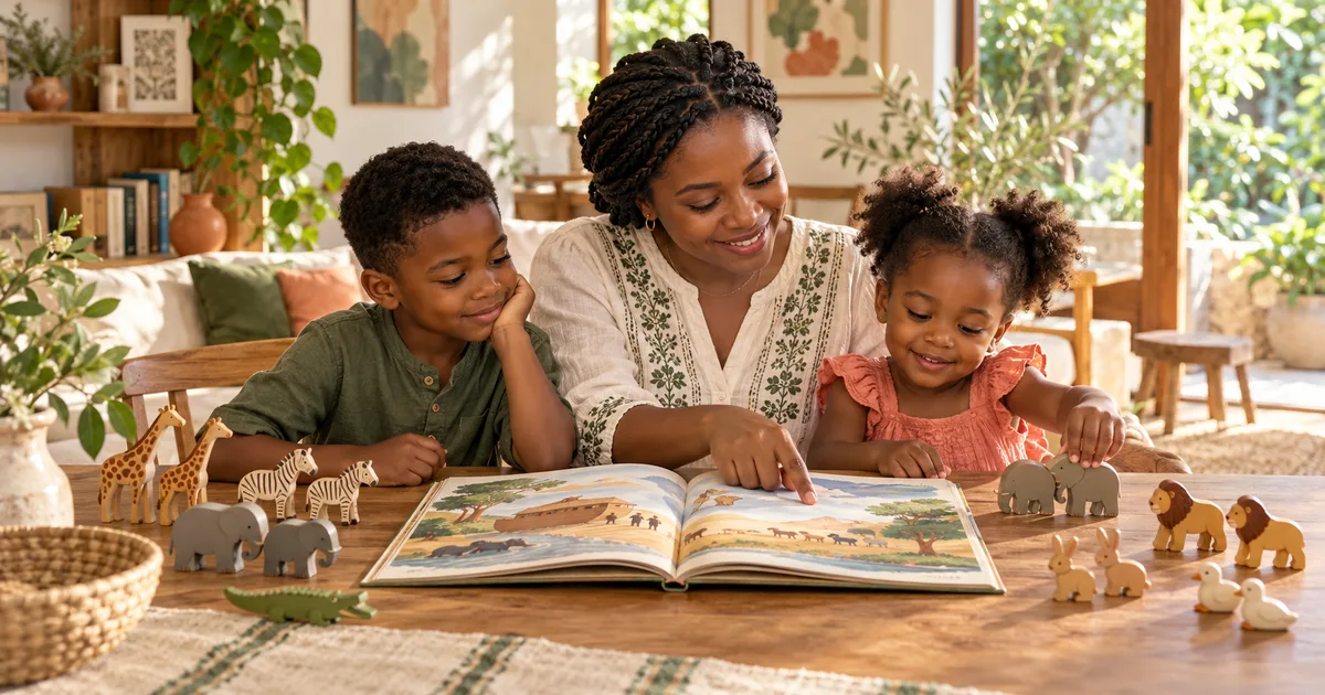 A parent and young children explore an illustrated Bible story beside wooden counting animals at home.