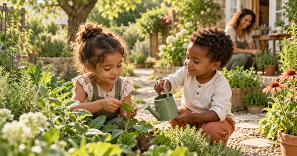 Two young children explore leaves in a garden while one offers a small watering can to the other.