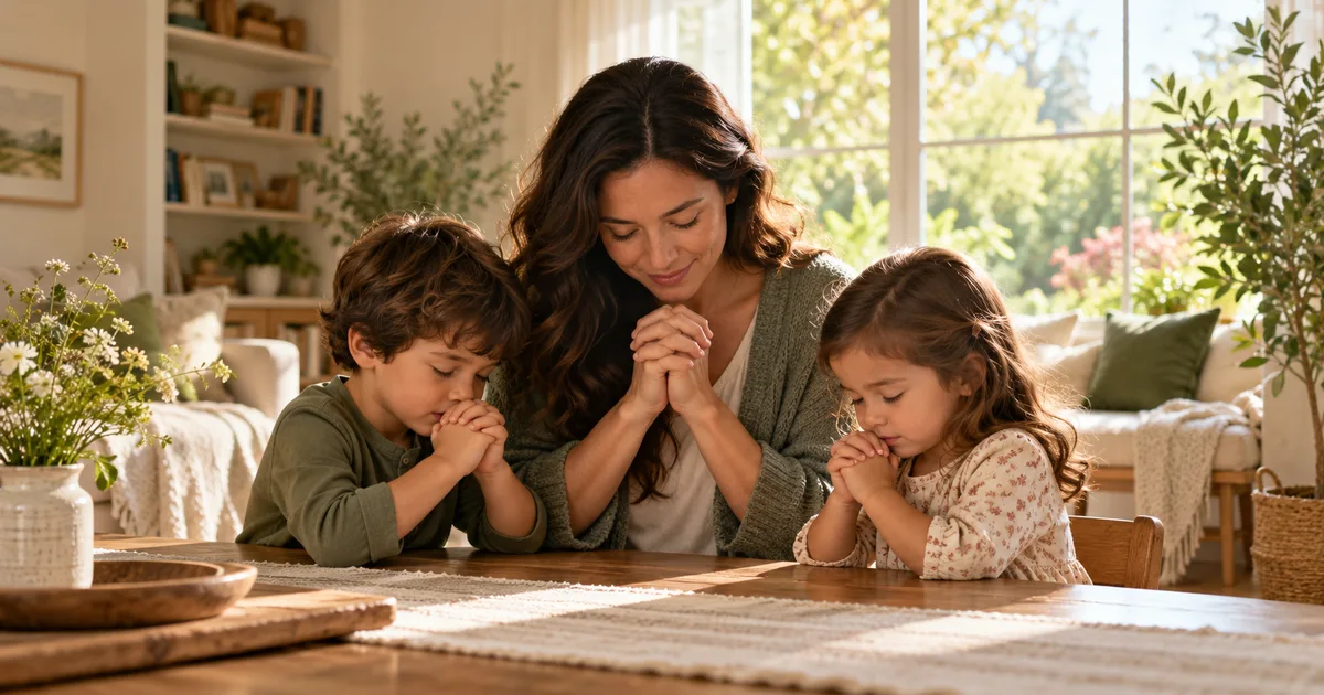 A parent and two young children share a calm moment of prayer beside a softly lit window at home.