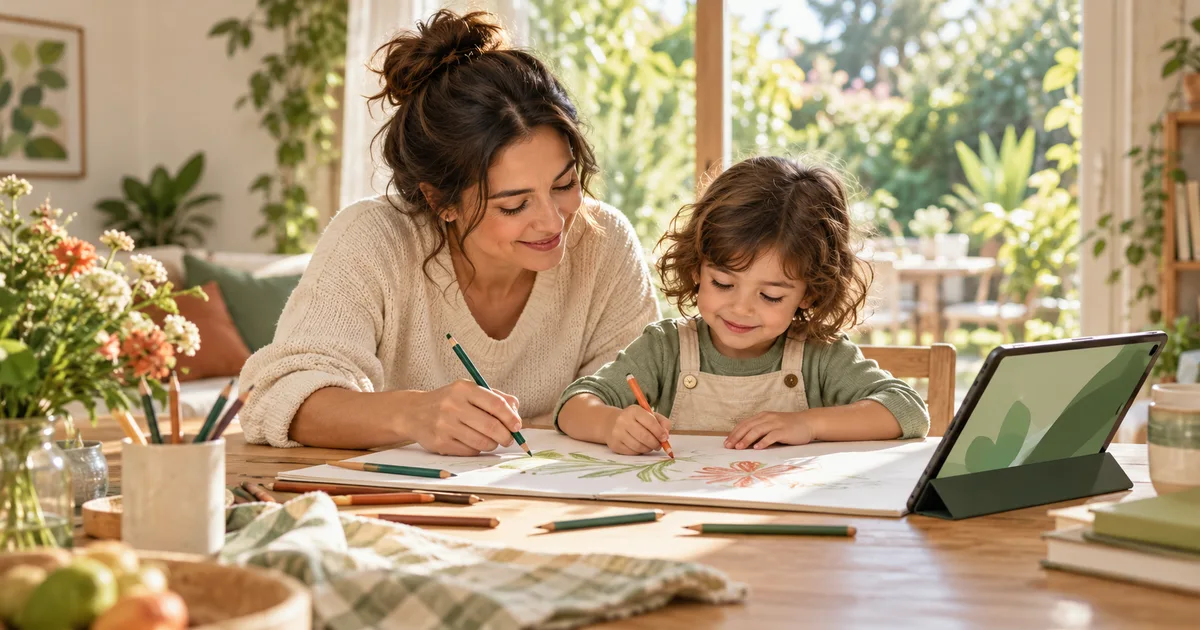 A parent and child calmly draw together beside a tablet in a bright home, with no advertising or branded products visible.
