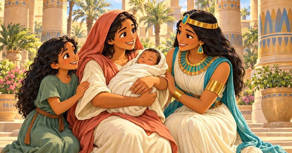 Moses is held lovingly by his mother, with Miriam and the princess beside them.