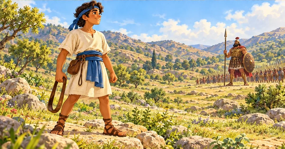 David stands with quiet courage in the valley, with Goliath far behind.