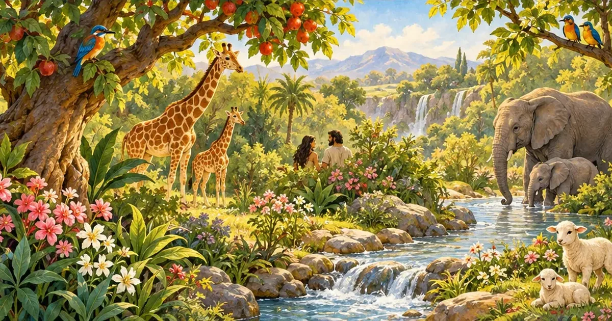 People, animals, flowers and a stream fill a peaceful garden.