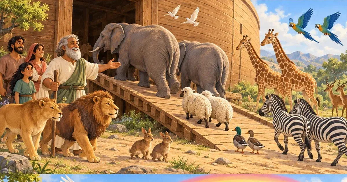 Animals approach the ark in pairs while Noah welcomes them.