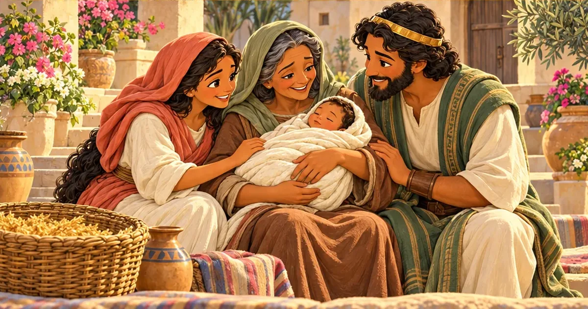 Naomi holds baby Obed while Ruth and Boaz smile beside her.