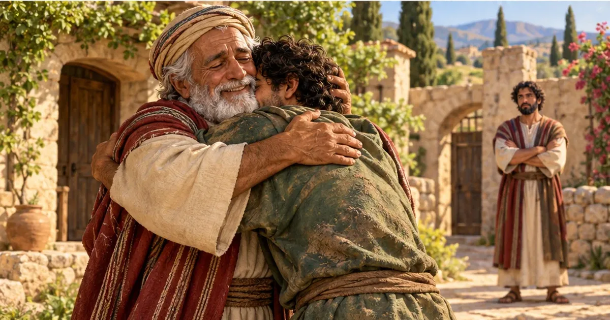 The elderly father runs to embrace his returned son warmly near home; older brother stands thoughtfully outside the welcoming courtyard in the background, open ending.